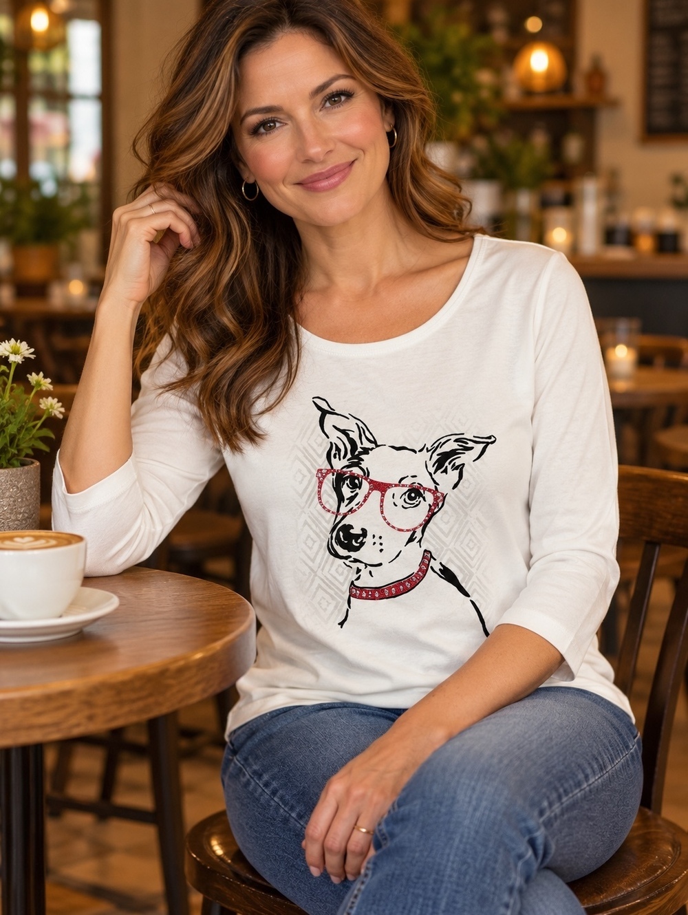 Karen Scott Petites graphic t-shirt dog glittery red glasses matching collar